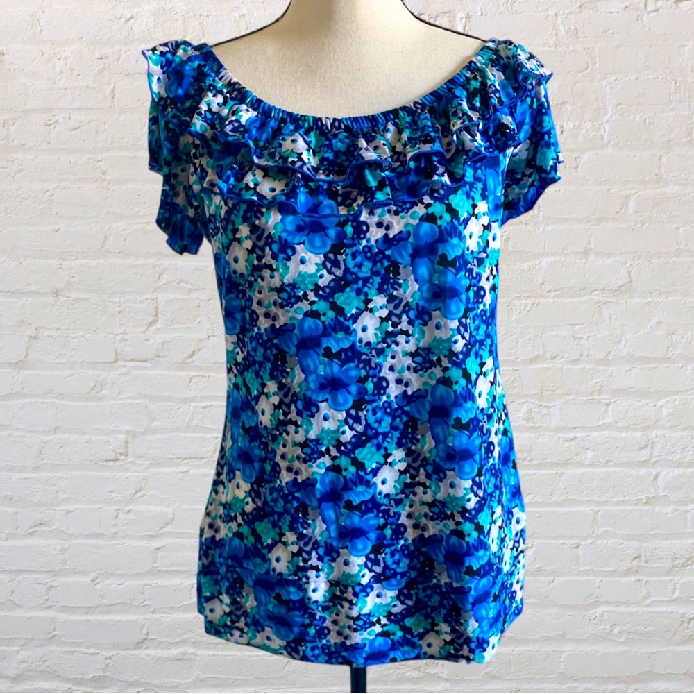 MILANO FLORAL OFF ON SHOULDER SHORT SLEEVE RUFFLE TOP